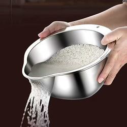 Stainless Steel Multi-Use Kitchen Colander - Ideal for Rice Washing, Fruit Draining & Vegetable Cleaning - Durable, Food-Safe Mesh Sieve with Handle for Efficient Water Filtering, Rice Strainer
