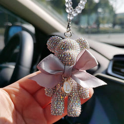 DUNKOING Cute Bling Bear Rear View Mirror Hanging Accessories Sparkle Hanging Ornaments Diamond Bear Charms for Car Mirror (White)