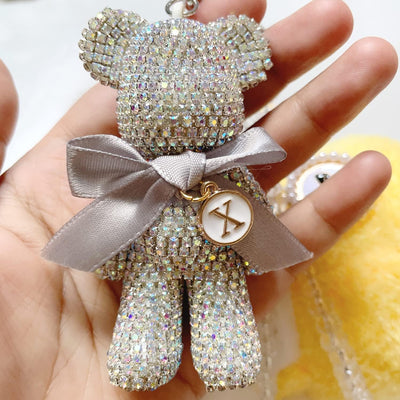 DUNKOING Cute Bling Bear Rear View Mirror Hanging Accessories Sparkle Hanging Ornaments Diamond Bear Charms for Car Mirror (White)