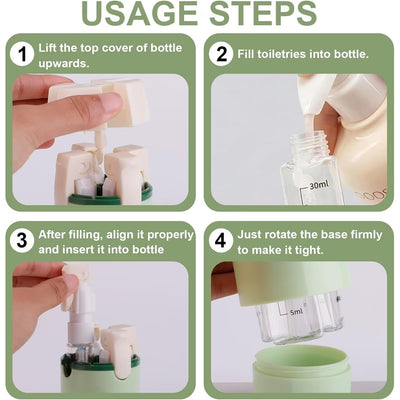 4 in 1 Travel Dispenser Bottle, Leak Proof Refillable Toiletry Containers for Shampoo, Conditioner, Lotion & Skincare – Easy Clean Travel Bottles for Gym, Business