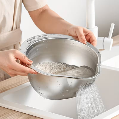 Stainless Steel Multi-Use Kitchen Colander - Ideal for Rice Washing, Fruit Draining & Vegetable Cleaning - Durable, Food-Safe Mesh Sieve with Handle for Efficient Water Filtering, Rice Strainer